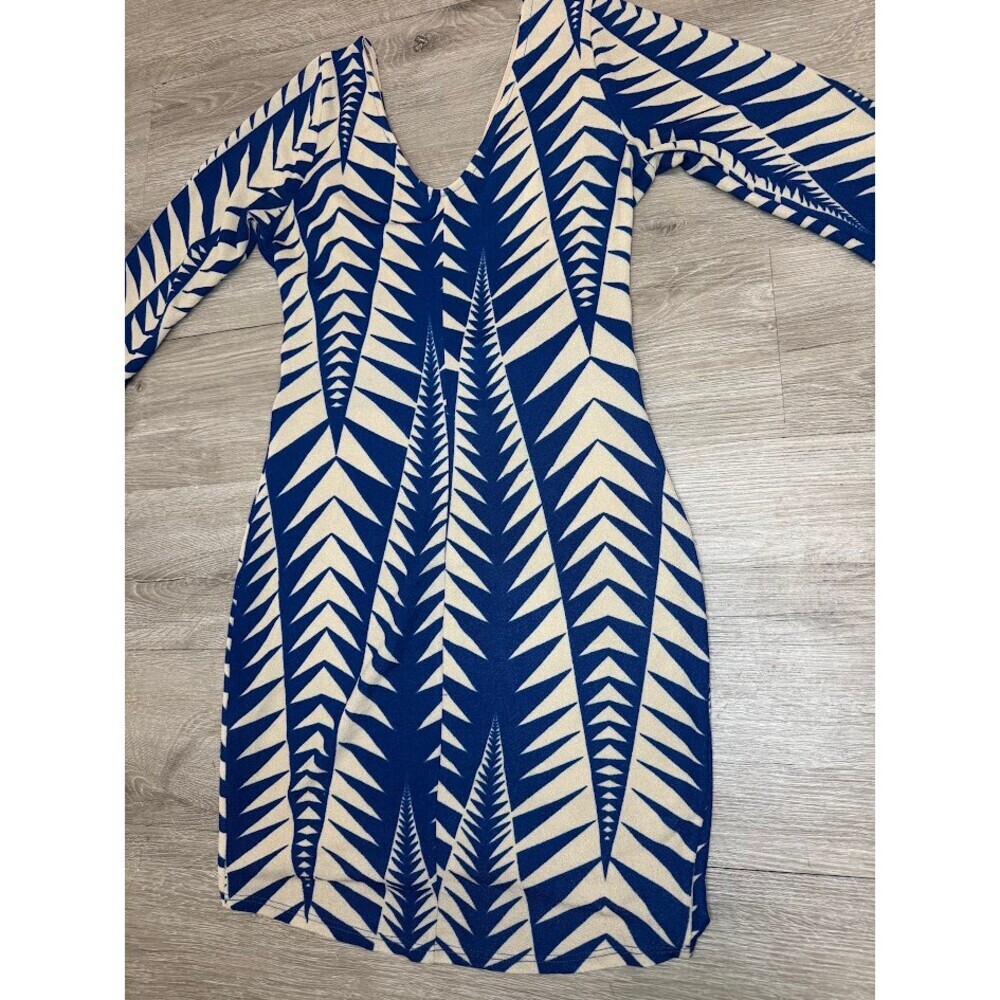 Blue Cream Geometric Faux Wrap Bodycon Midi Dress V Neck 3/4 Sleeve Medium - Picture 8 of 8